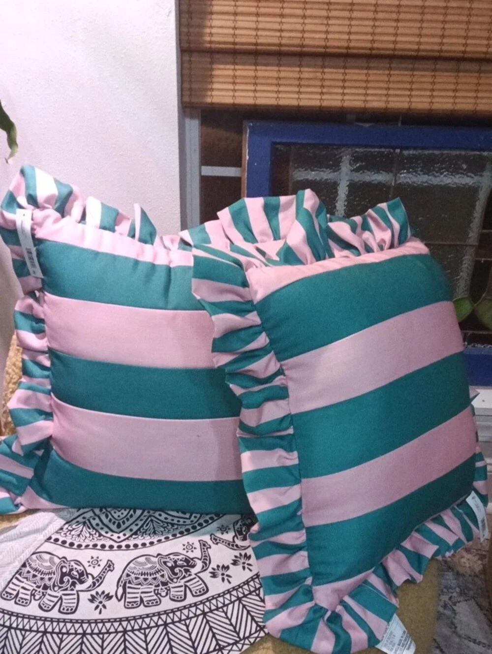 Striped Pink and Teal Decorative Throw Pillow by